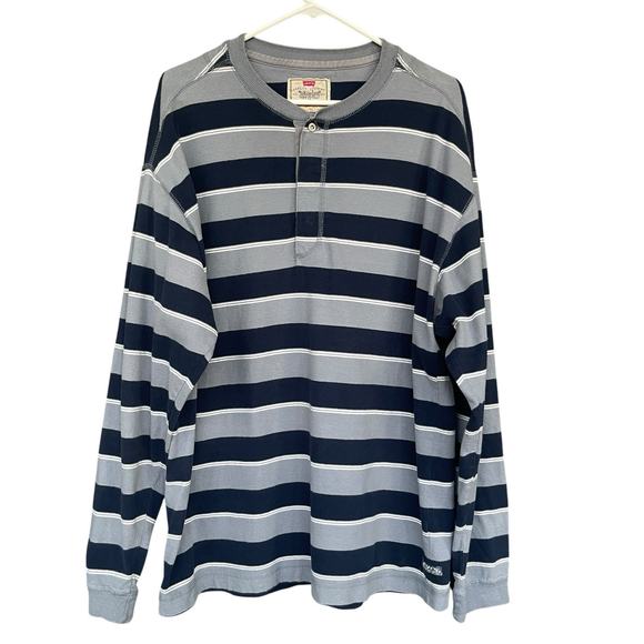 Levis Mens Henley Shirt Extra Large XL Striped Hidden Button Y2K Blue Casual - Picture 1 of 10